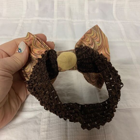 Infant Headband Brown Band Pink Gold Brown Swirls Cotton Bow Size Newborn B294 - Picture 8 of 10